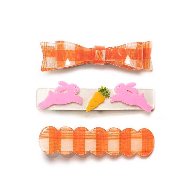 Orange Checked Bows + Bunnies Alligator Clips Set of 3 by Lilies & Roses NY