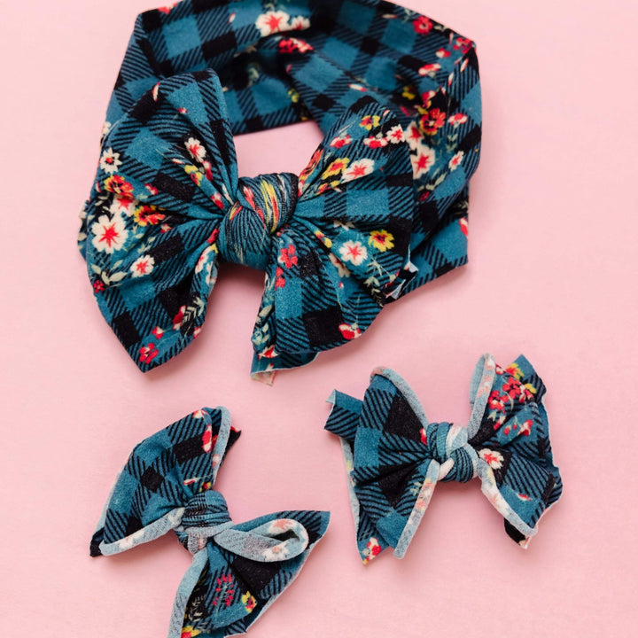 Printed Fab Headband Bow - Floral Plaid by Baby Bling Accessories Baby Bling