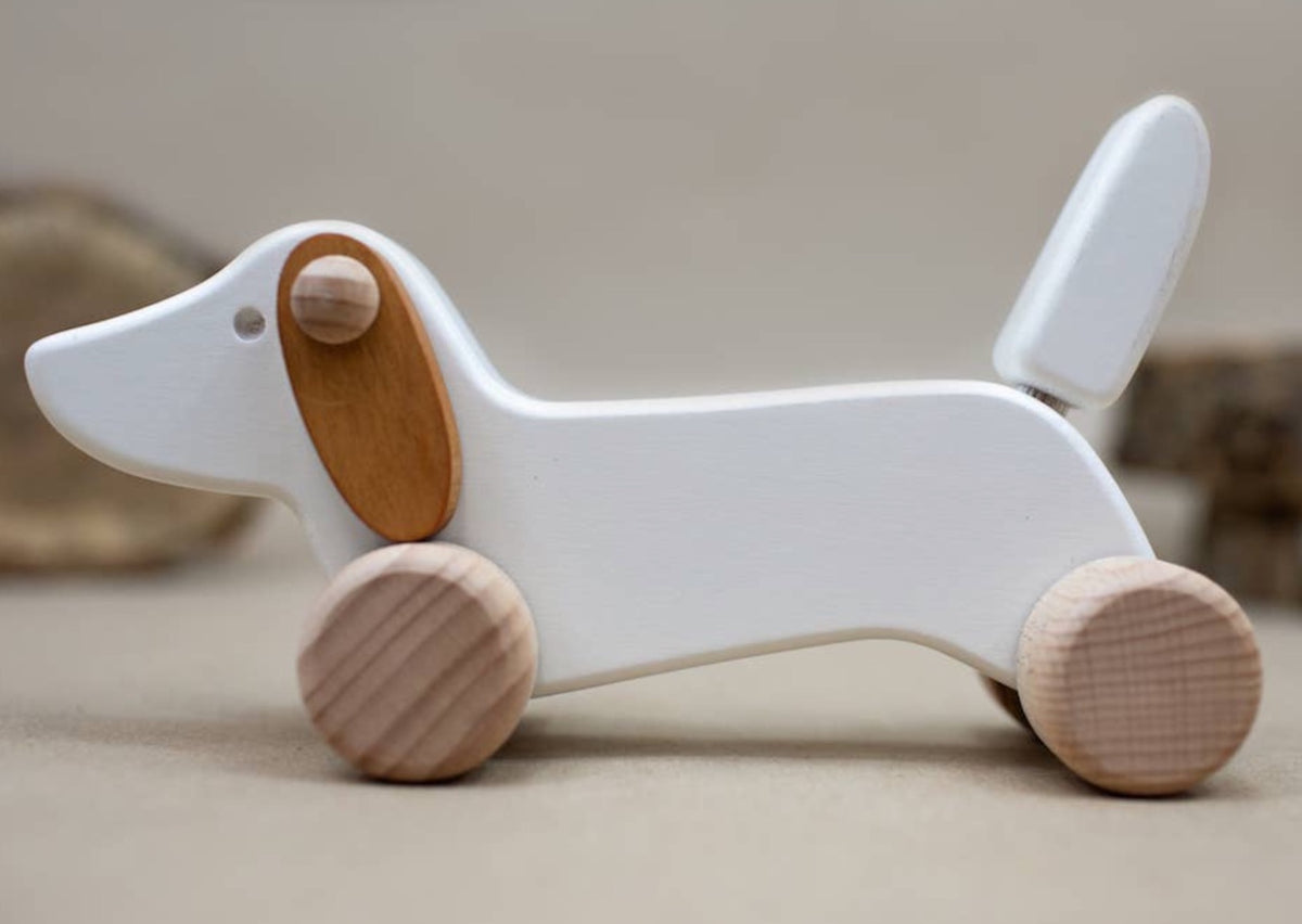 BAJO Dachschund Puppy Pull Toy - White by Little Poland Gallery Toys Little Poland Gallery
