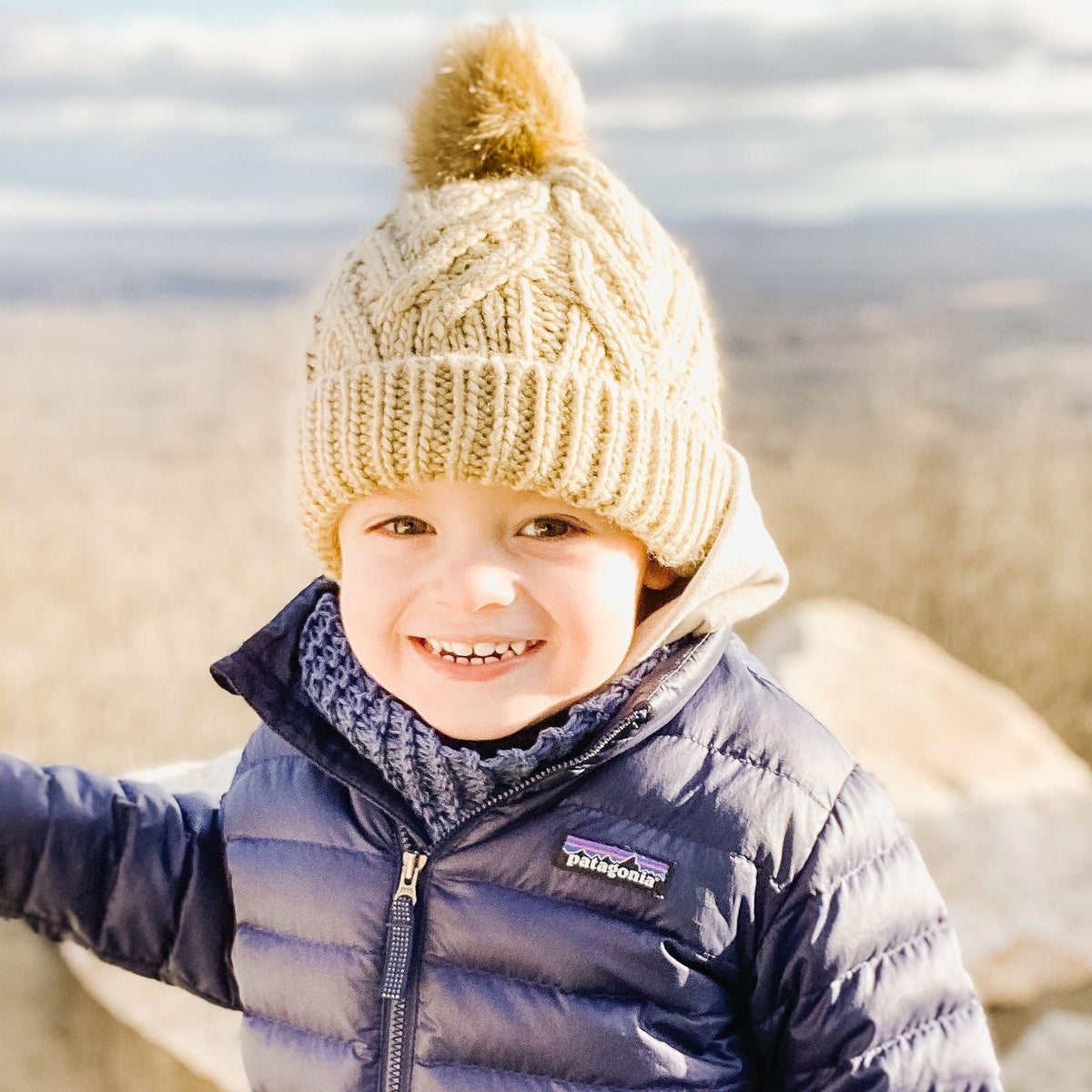 Pop Pom Pom Knit Hat - Birch by Huggalugs Accessories Huggalugs