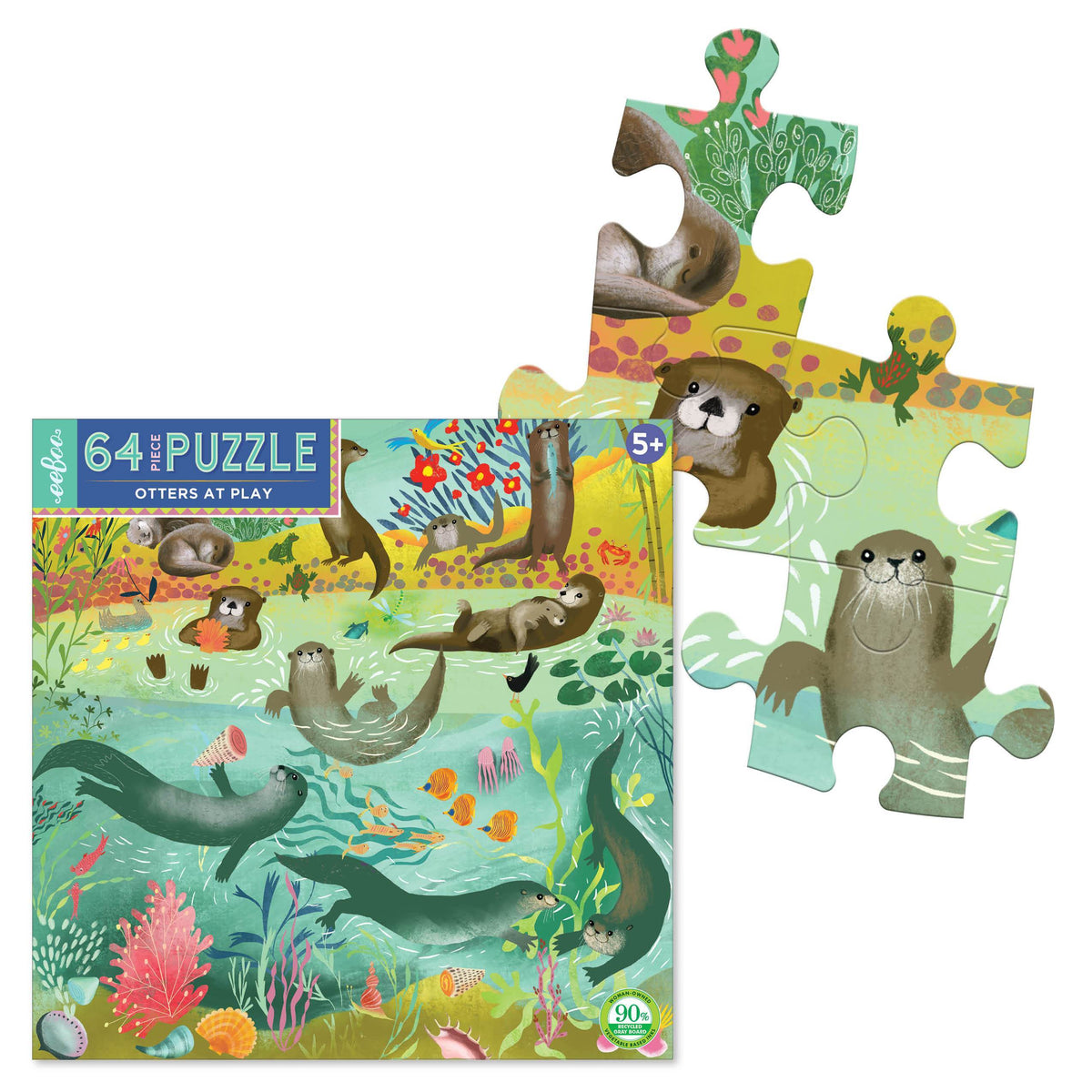 Close up of 4 puzzle pieces and the box of the puzzle