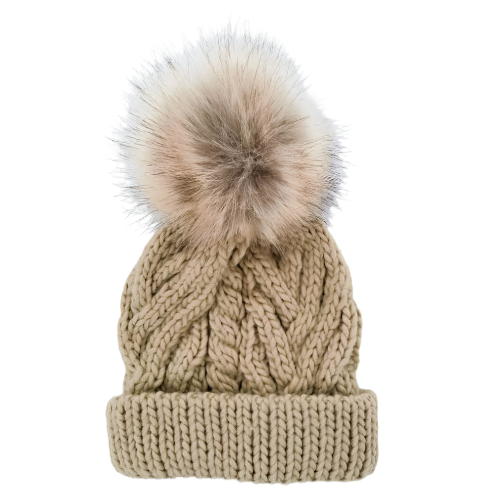 Pop Pom Pom Knit Hat - Birch by Huggalugs Accessories Huggalugs