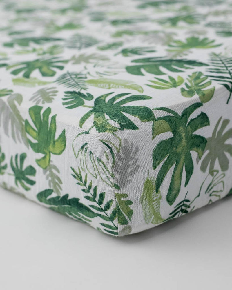 Cotton Muslin Fitted Crib Sheet - Tropical Leaf by Little Unicorn Bedding Little Unicorn   