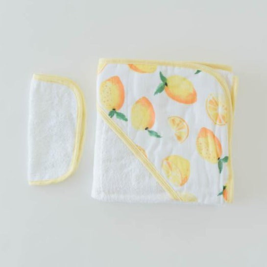 Cotton Hooded Towel + Washcloth Set - Lemon by Little Unicorn Bath + Potty Little Unicorn   