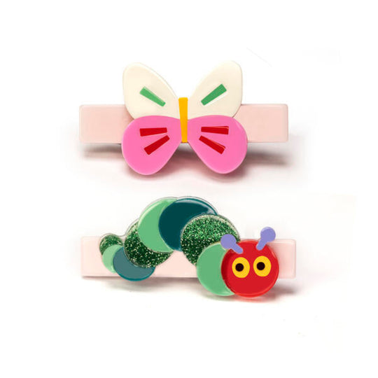 Caterpillar Green Shades and Butterfly Hair Clips by Lilies & Roses NY