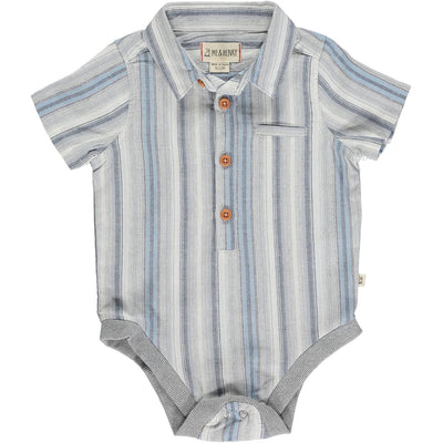 Helford Short Sleeve Button Down Bodysuit - Blue Striped by Me & Henry