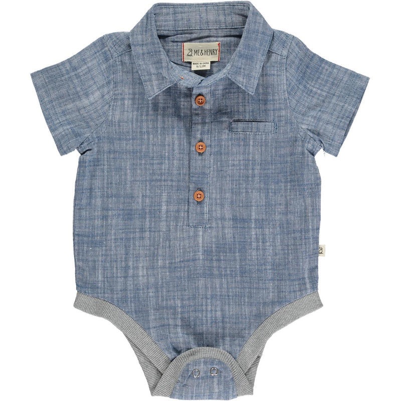 Helford Short Sleeve Button Down Bodysuit - Blue Heathered by Me & Henry