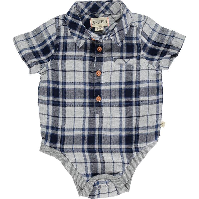 Helford Short Sleeve Button Down Bodysuit - Navy/White Plaid by Me & Henry
