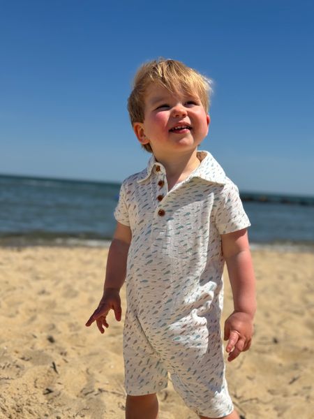 Drift Printed Polo Romper - Beige/Blue Fish by Me & Henry