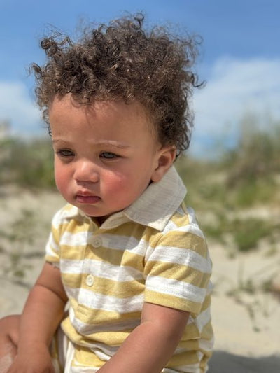 Saltash Polo Romper - Beige/White Stripe by Me & Henry
