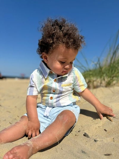 Helford Short Sleeve Button Down Bodysuit - Blue/Yellow/White Stripe by Me & Henry