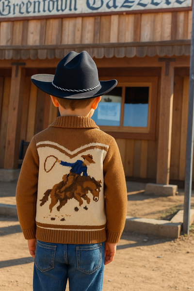 Child wearing a brown sweater with a cowboy design, standing in front of a wooden building.