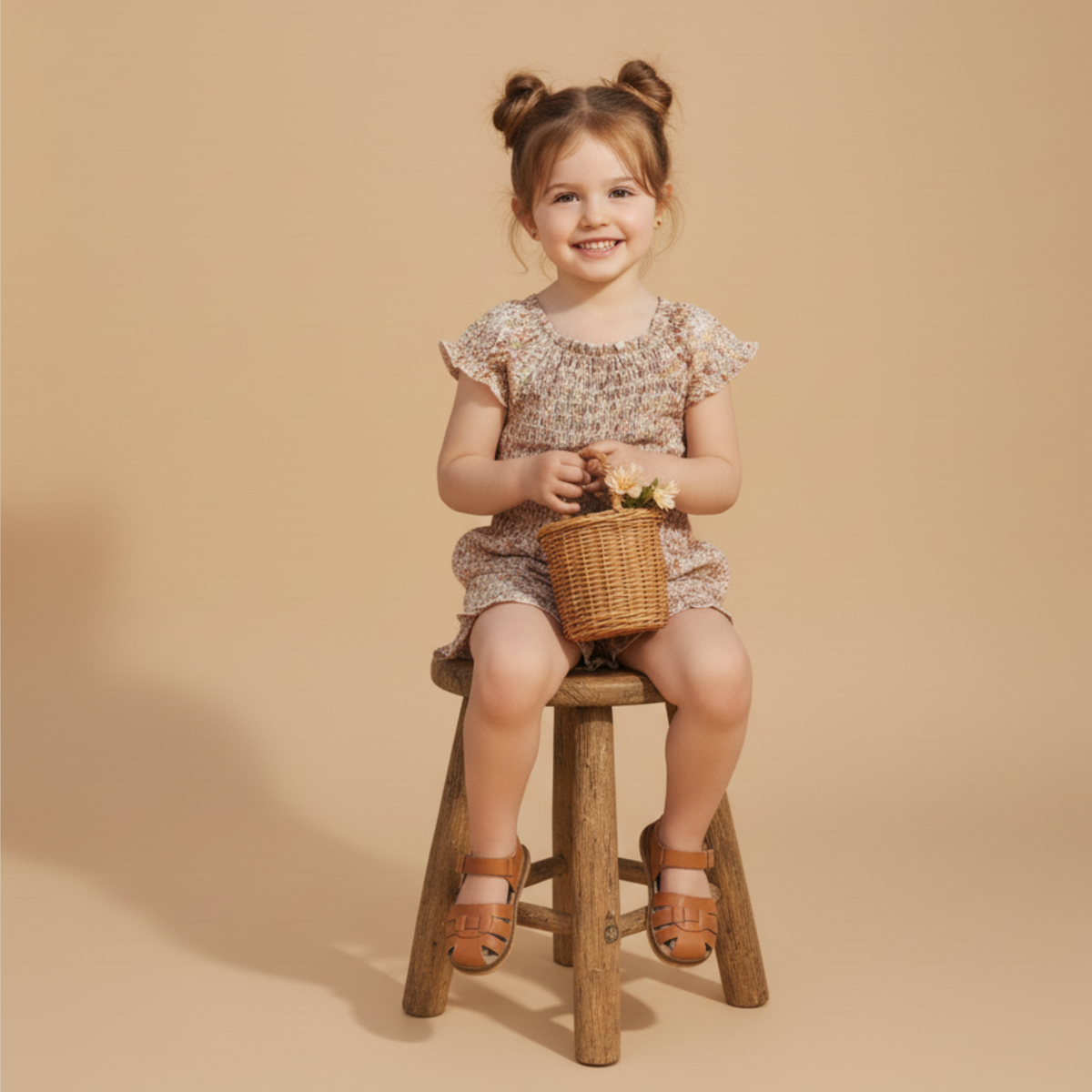 Young girl sitting on a wooden stool holding a wicker basket with flowers against a beige background