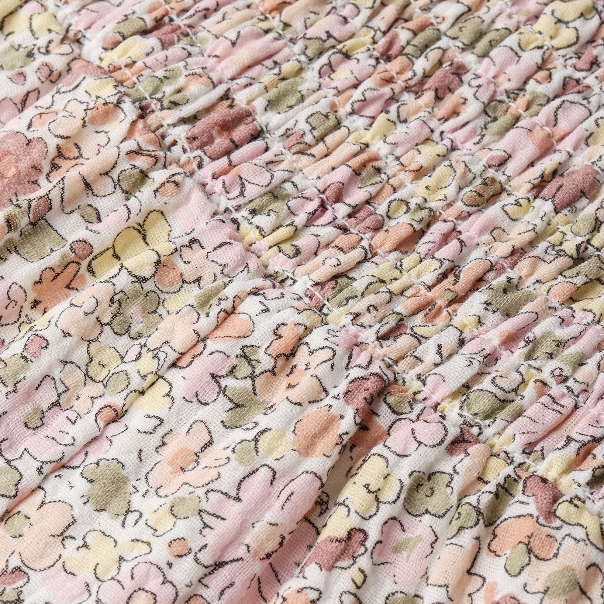 Close-up of floral patterned fabric with pastel colors