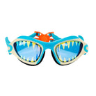 Blue swim goggles with shark design on a white background