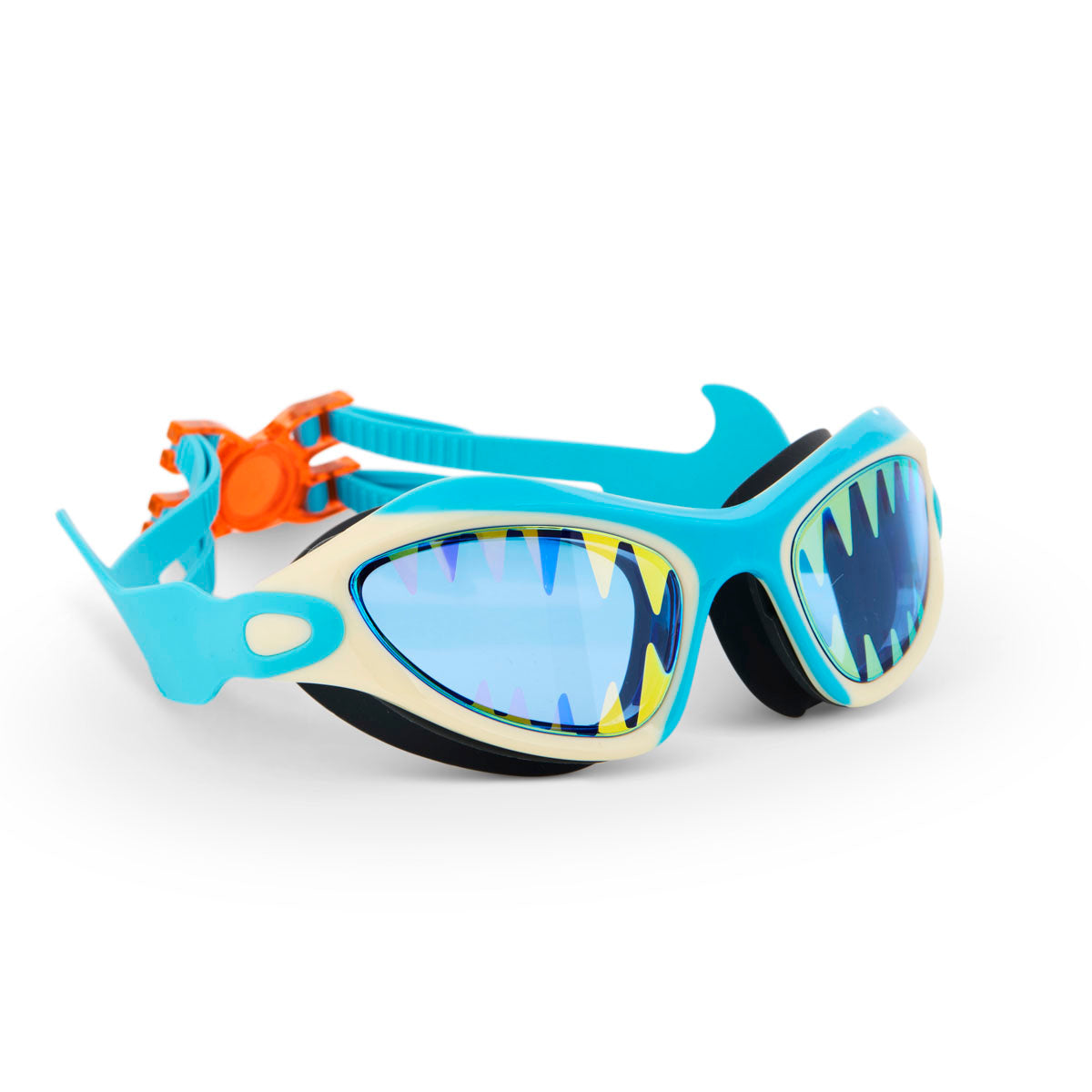 Blue swim goggles with orange straps on a white background