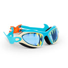 Blue swim goggles with orange straps on a white background