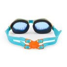 Swimming goggles with blue frame and orange buckle on a white background