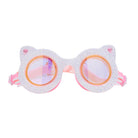 Cat-eye sunglasses with pink and white frame on a white background