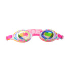 Colorful swim goggles with heart design on a white background