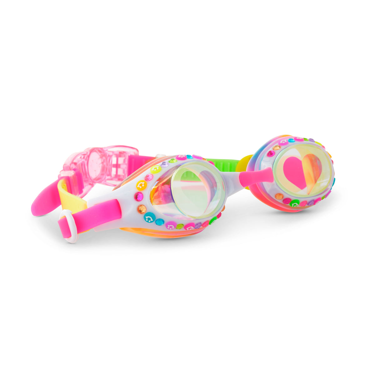 Colorful children's goggles with peace sign design on a white background
