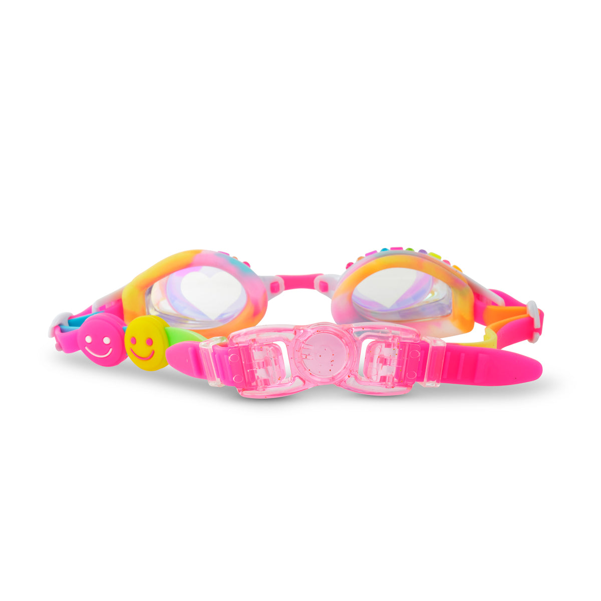 Colorful swim goggles with smiley face designs on a white background