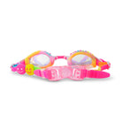 Colorful swim goggles with smiley face designs on a white background