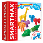 Smartmax magnetic discovery toy set in its retail packaging, featuring 18 pieces for children aged 1-5. The box is red and white with a colorful front showing various animal-shaped magnetic pieces including a giraffe, elephant, hippo, crocodile, and rhino.