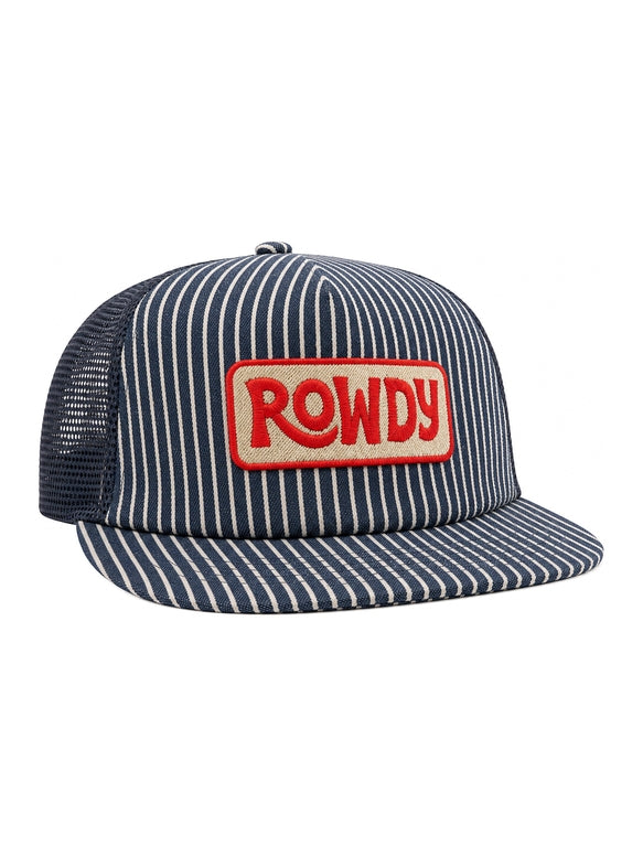 A navy blue and white pinstripe trucker hat with a red and beige 'ROWDY' patch on the front, set against a plain white background.