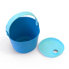 Blue plastic bucket with handle and lid on a white background