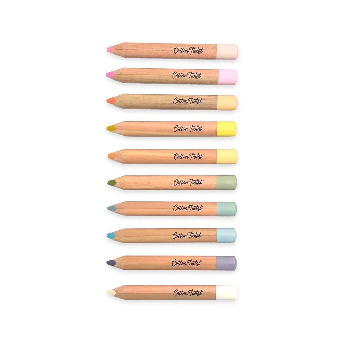 Set of colorful makeup pencils with 'Cotton Twist' branding on a white background