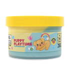 A tub of glittery blue playdough with a bright yellow lid and a pink label that reads 'PUPPY PLAYTIME' with a cartoon dog and butterfly.