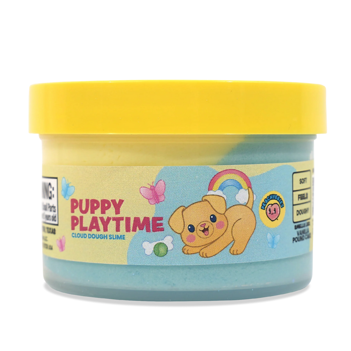 A tub of glittery blue playdough with a bright yellow lid and a pink label that reads 'PUPPY PLAYTIME' with a cartoon dog and butterfly.