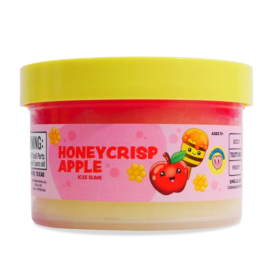 A tub of Honeycrisp Apple Ice Slime by Toy Biz, featuring a bright yellow lid, a pink label with a red apple and honeybee illustration, and a pale yellow slime visible inside.