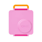 A pink square OMIE container or case with a bright orange handle and magenta accents, shown on a plain white background.