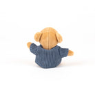 A small plush dog toy viewed from the back, wearing a blue knit sweater, set against a plain white background.