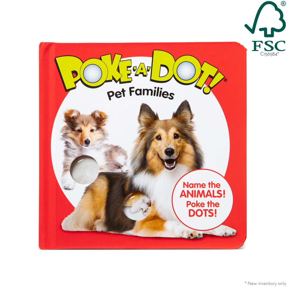 Poke-a-Dot book cover with two dogs on a red background, featuring the FSC logo.
