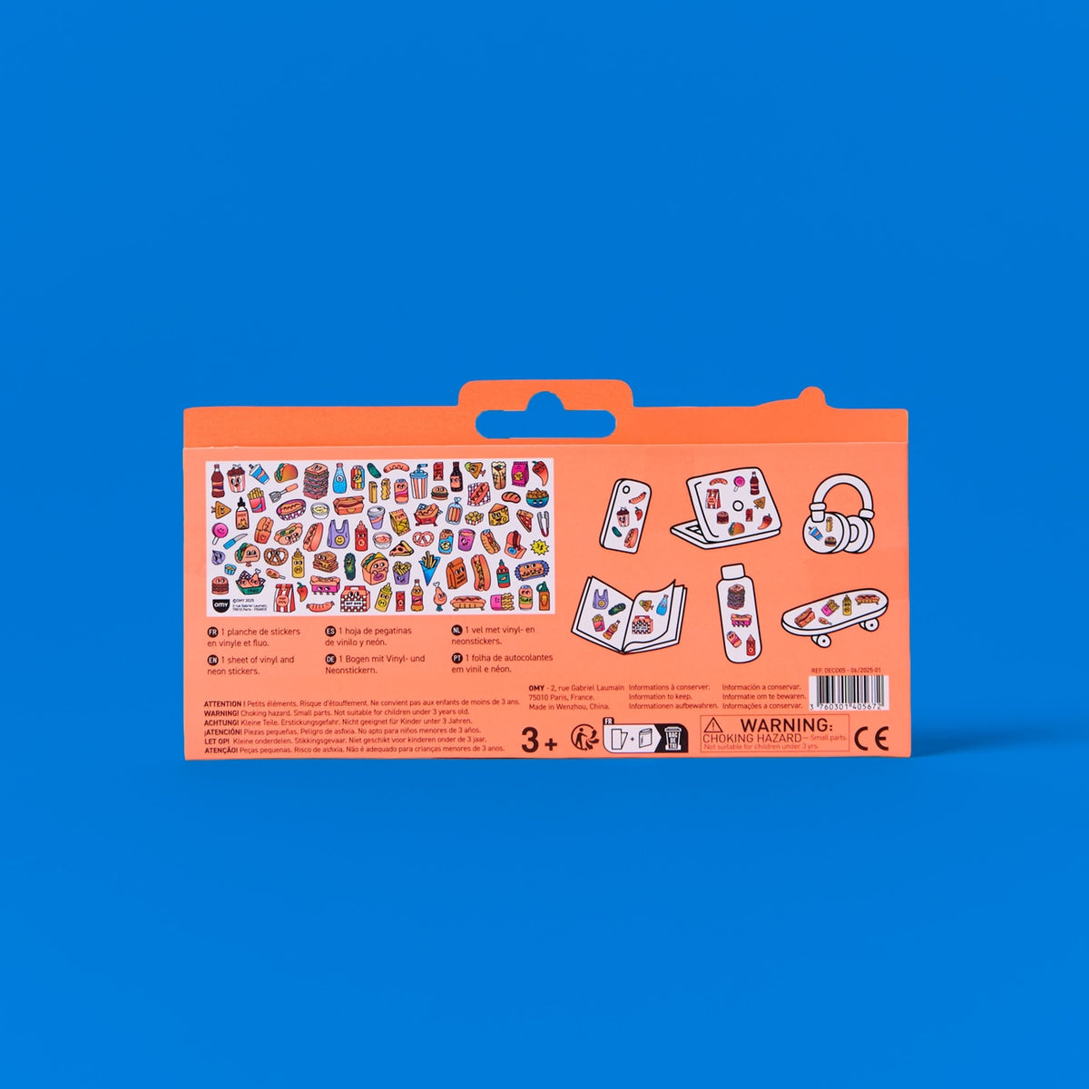 Orange packaging with illustrations on a blue background