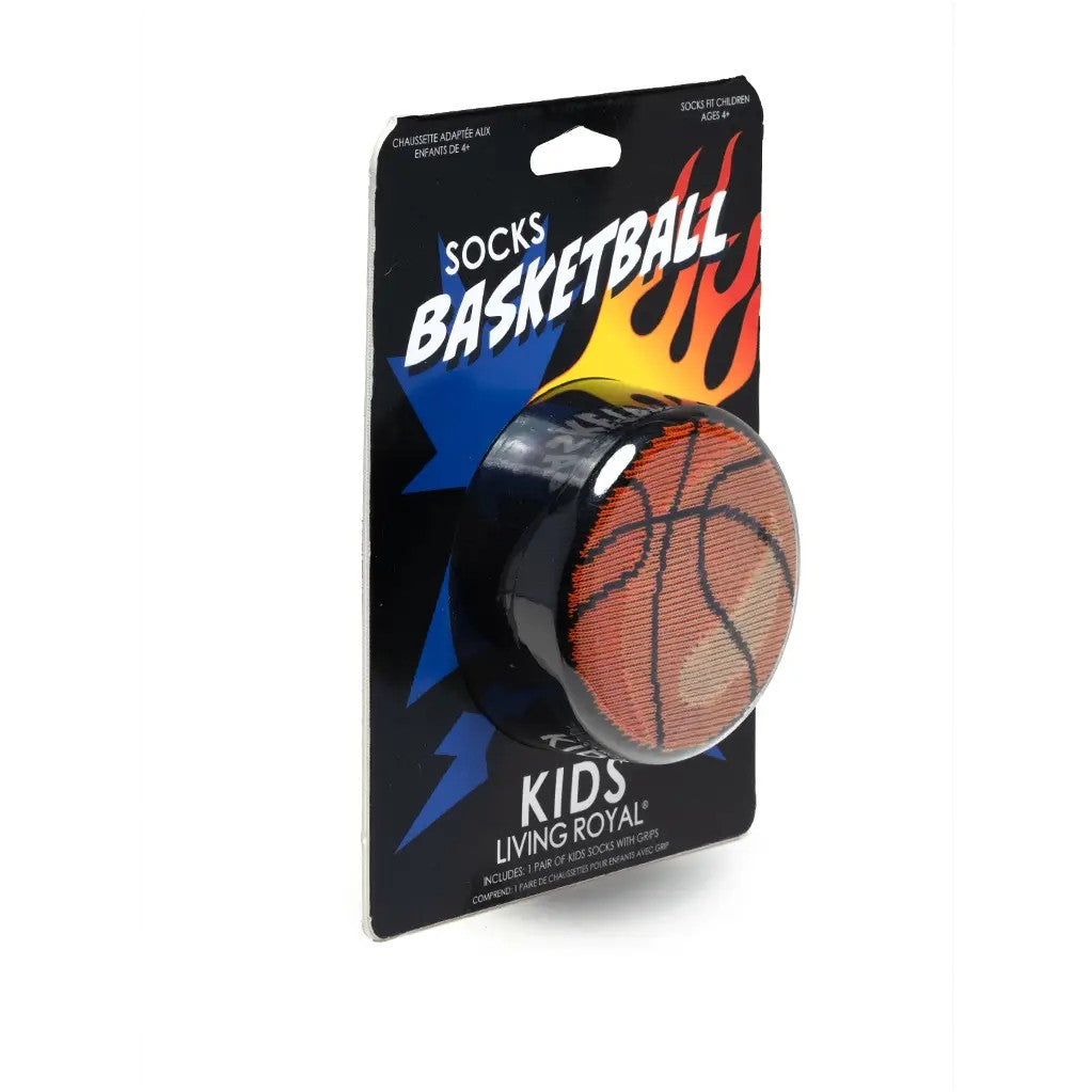 Packaged socks designed to look like a basketball with colorful design on a white background