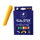 A box of Tiny Tiny's ButterSTIX zero dust chalk with a single yellow stick of chalk leaning against it on a plain white background.