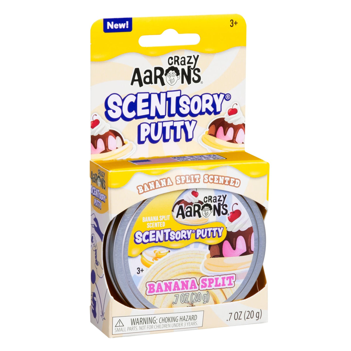 Crazy Aaron's Scent'nsory Putty packaging with banana split flavor on a white background