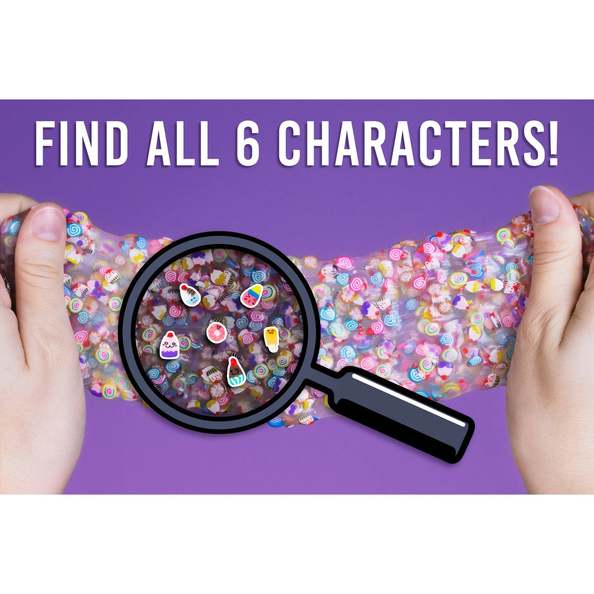 Colorful candy with a magnifying glass and text 'Find all 6 characters!' on a purple background