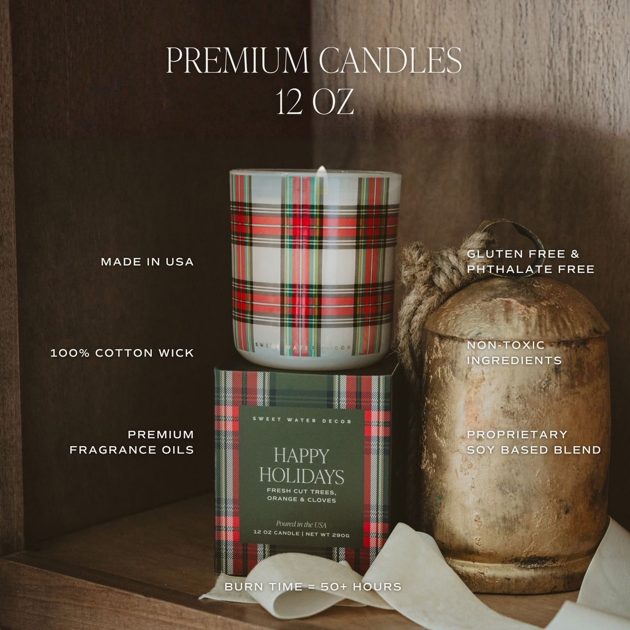 A holiday-themed premium candle set displayed on a wooden shelf, featuring a white candle with a red, green, and pink plaid pattern, its matching patterned box labeled 'Happy Holidays', and a rustic metal container. White text overlays highlight product features like 'PREMIUM CANDLES 12 OZ', 'MADE IN USA', and '100% COTTON WICK'.
