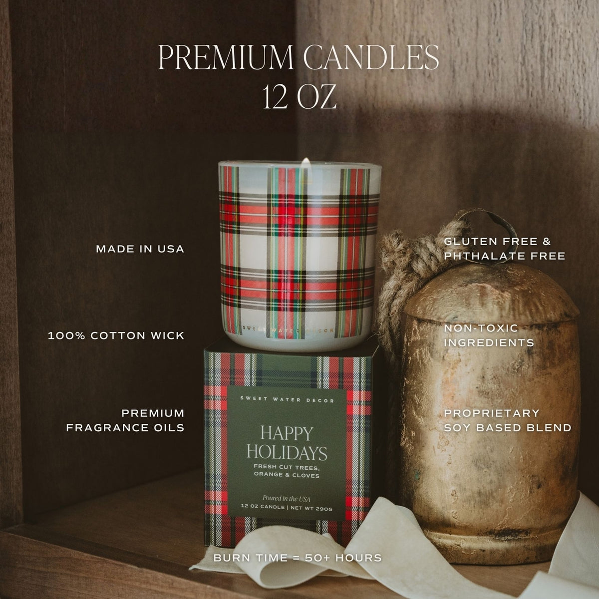 A holiday-themed premium candle set displayed on a wooden shelf, featuring a white candle with a red, green, and pink plaid pattern, its matching patterned box labeled 'Happy Holidays', and a rustic metal container. White text overlays highlight product features like 'PREMIUM CANDLES 12 OZ', 'MADE IN USA', and '100% COTTON WICK'.