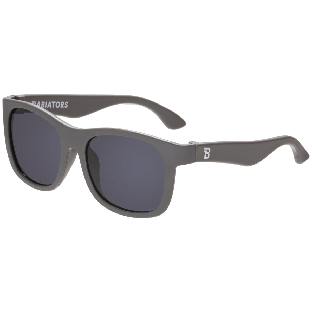 Gray sunglasses with a brand logo on a white background