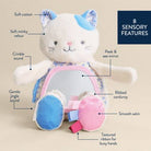Stuffed toy cat with sensory features labeled on a beige background