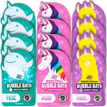 Three packages of bubble bath with colorful designs and text on a white background