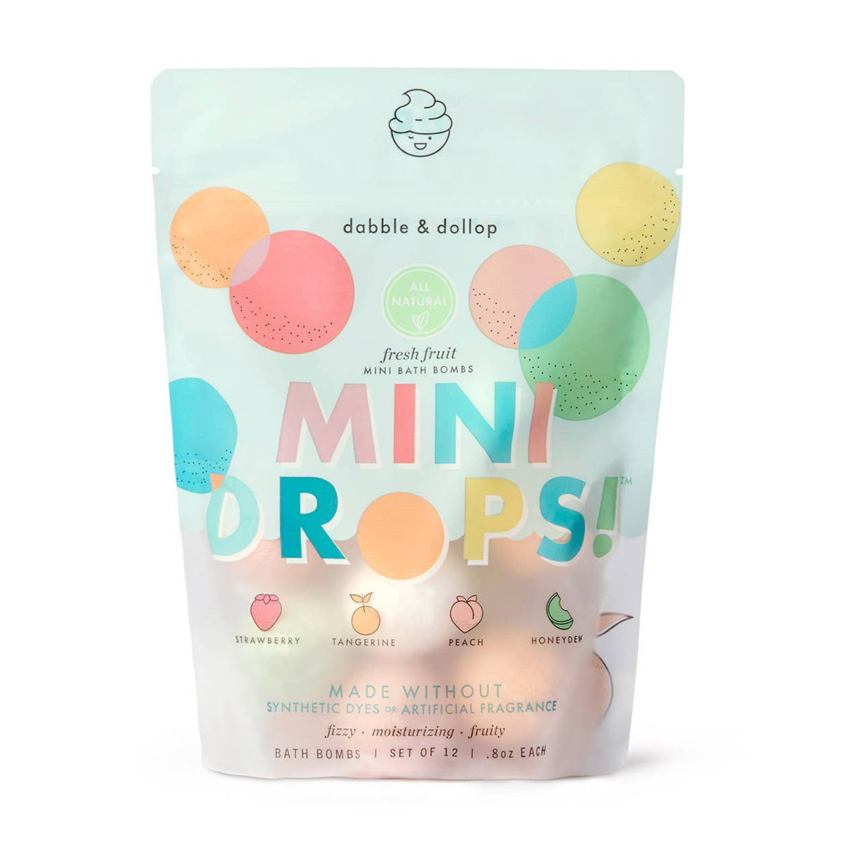 Packaging of dabble & dollop mini bath bombs on a white background
