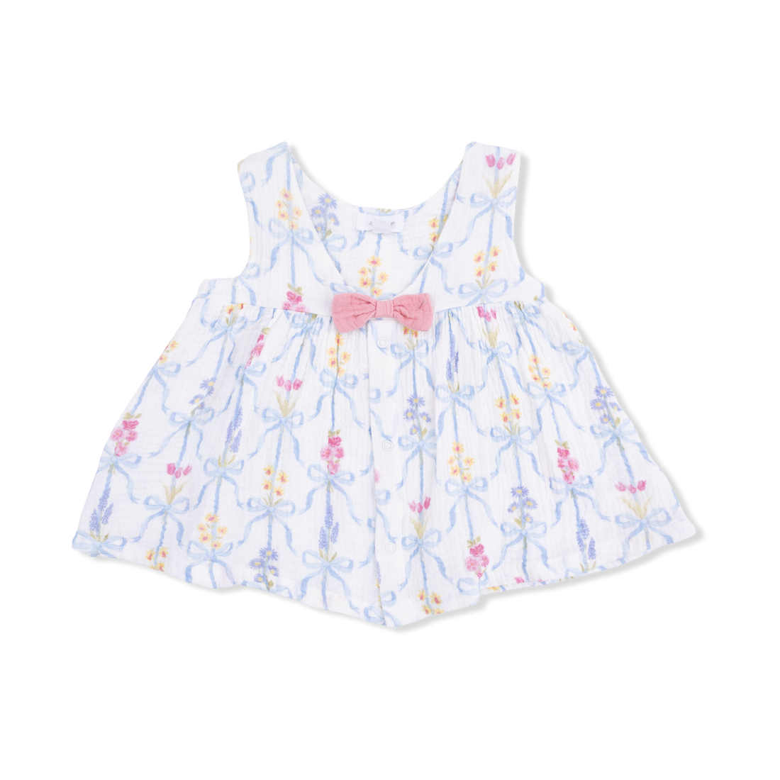 Baby dress with floral pattern and pink bow on a white background