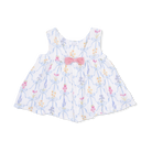 Baby dress with floral pattern and pink bow on a white background